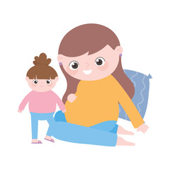 pregnancy and maternity, cute pregnant woman sitting with little daughter