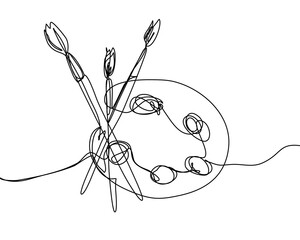 Painting palette and brushes in one line style.