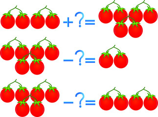 Action relationship of addition and subtraction, examples with tomatoes.