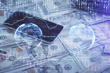 Double exposure of forex graph drawing over us dollars bill background. Concept of financial markets.
