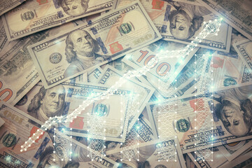 Multi exposure of forex chart drawing over us dollars bill background. Concept of financial success markets.