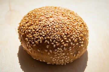 Artistic composition in bright sunbeams. Homemade rye bun with sesame seeds on a natural wood texture