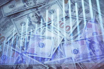 Double exposure of forex graph drawing over us dollars bill background. Concept of financial markets.
