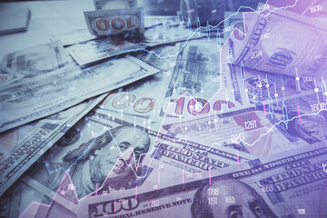 Multi exposure of forex chart drawing over us dollars bill background. Concept of financial success markets.