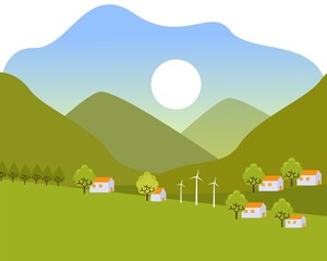Mountains landscape windmill power generator with flat cartoon style