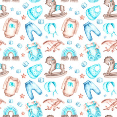 Watercolor seamless pattern Baby shower. Children's clothing, toys. Child boy. Newborn. Birthday. Blue and brown colors. On white background. For printing on fabric, paper, postcards, gliders, textile