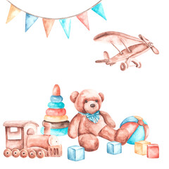 Watercolor postcard, illustration Baby shower. Kids toys. Teddy bear, wooden train, plane, pyramid, ball, cubes, garland of flags. Child boy. Birthday. For printing on postcards, banners, posters