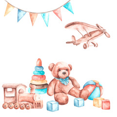 Obraz premium Watercolor postcard, illustration Baby shower. Kids toys. Teddy bear, wooden train, plane, pyramid, ball, cubes, garland of flags. Child boy. Birthday. For printing on postcards, banners, posters