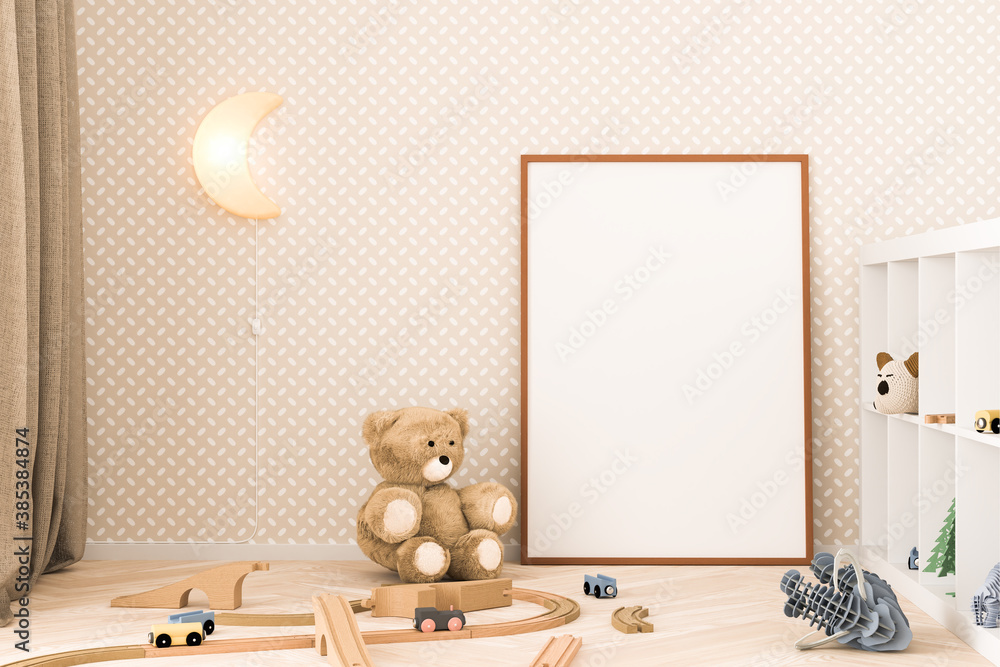 Wall mural Childrens room interior mockup with an empty picture frame (70x100cm). Teddy bear, toy railroad, mammoth, cat toy, moon lamp, curtain and sideboard. Patterned creme colored wall. 3d render.