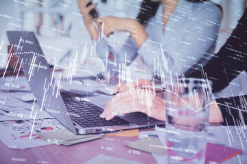 Multi exposure of woman hands typing on computer and forex chart hologram drawing. Stock market analysis concept.