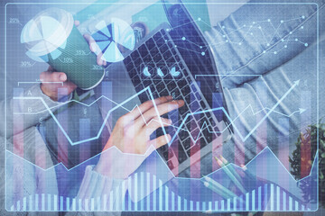 Double exposure of woman hands typing on computer and forex chart hologram drawing. Stock market invest concept.