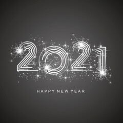 Happy New Year 2021 modern pop line design typography silver abstract numbers logo icon firework black background