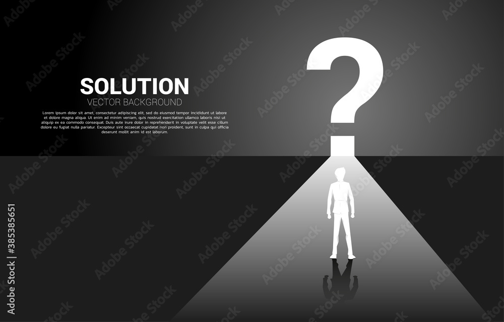 Poster find the solution concept. silhouette of businessman running to question mark icon with lighting