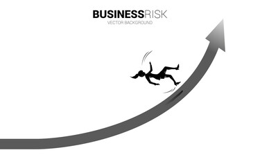 silhouette of businesswoman slip and falling down from growing arrow. Concept for fail and accidental business