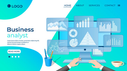 Business analyst.A businessman studies data on his laptop.The concept of remote work, office work, and freelancing.Infographics of business and Finance.Flat vector illustration.The template of the lan