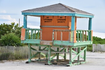 Colorful Empty Lifeguard  Stand on  Miami beach, Florida, USA