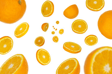 Fresh Orange falling isolated on white background. Selective focus