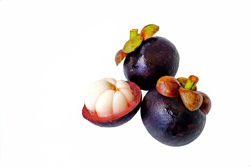 Mangosteen is the king of fruits native to Southeast Asia.
In the photo is a group of fruits. White background.