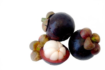 Mangosteen is the king of fruits native to Southeast Asia.
In the photo is a group of fruits. White background.