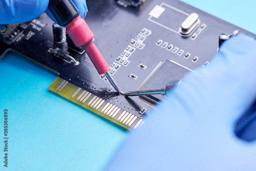 Poster computer hardware support service concept. technician diagnosing and repairing pcb circuit board