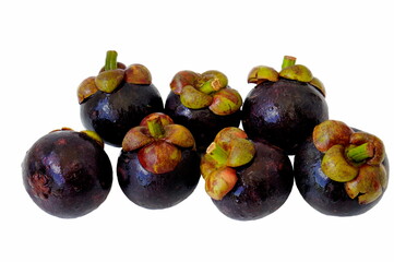 Mangosteen is the king of fruits native to Southeast Asia.
In the photo is a group of fruits. White background.