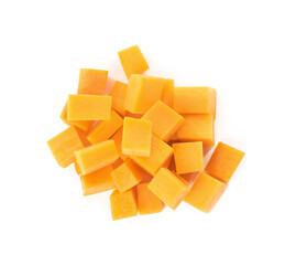Cubes of fresh ripe carrot isolated on white, top view