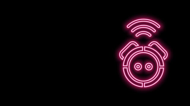 Glowing neon line Robot vacuum cleaner icon isolated on black background. Home smart appliance for automatic vacuuming, digital device for house cleaning. 4K Video motion graphic animation