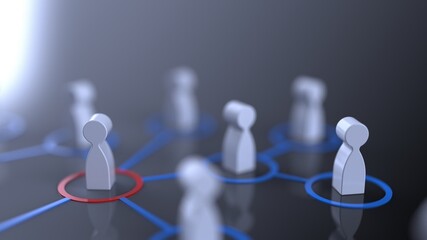 Obraz premium Chain of human figurines connected by blue lines. Cooperation and interaction between people and employees. Dissemination of information in society, rumors. Social contacts. 3D CG. 3D illustration.