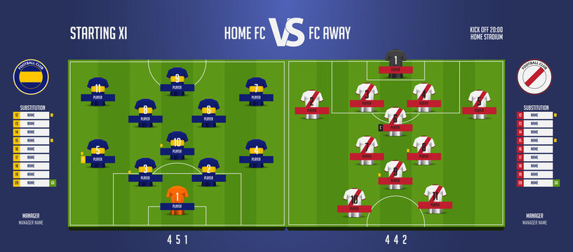 Football or soccer match lineups formation infographic. Set of football player position on soccer field. Football or soccer icon in flat design. 