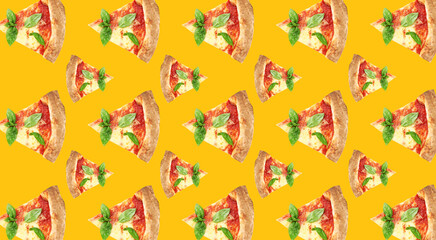 Pizza slices on yellow background. Pattern design