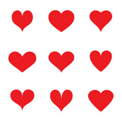 Red heart vector icons set. Flat love icon isolated on white. Heart vector for love logo, heart symbol, shape icon and Valentine's day. Cute heart vector icon for shape design, heart and love icon