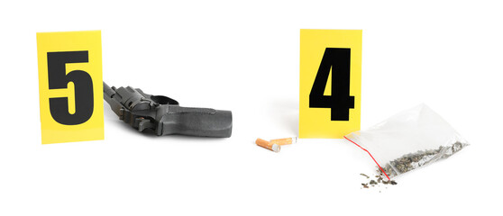 Crime scene investigation. Evidence identification markers and clues on white background
