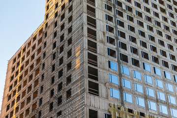 Construction building in the style of modern architecture high-tech cityscape mirrored facade ...