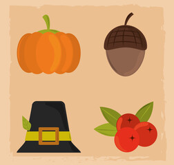 happy thanksgiving day, pumpkin hat acorn and fruit icons