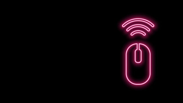 Glowing neon line Wireless computer mouse system icon isolated on black background. Internet of things concept with wireless connection. 4K Video motion graphic animation