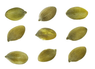 Set of pumpkin seeds on white background