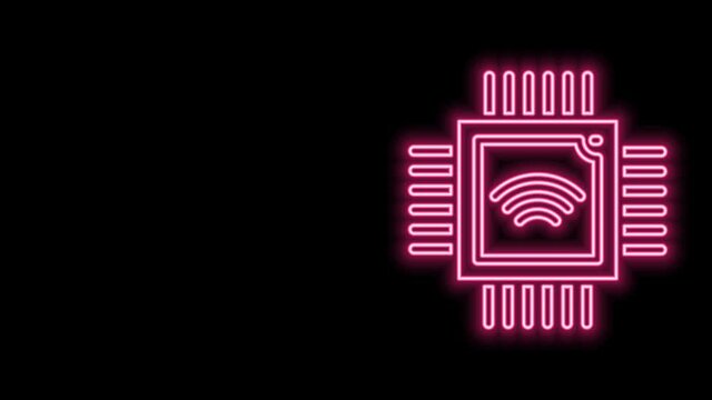 Glowing neon line Computer processor with microcircuits CPU icon isolated on black background. Chip or cpu with circuit board. Micro processor. 4K Video motion graphic animation