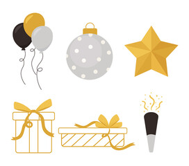 happy new year, star ball gifts balloons and confetti icons