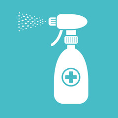 Medical sanitizer spray bottle icon, antibacterial and virus antiseptic disinfection, COVID-19 prevention, coronavirus epidemic protection, flat vector.