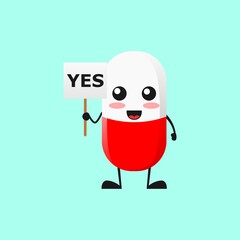 vector illustration of Cute Pill medical mascot or character holding sign says yes. Pill medical character concept.