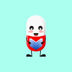 vector illustration of Cute Pill medical mascot or character reading book. Pill medical character concept.