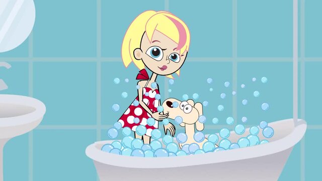 girl bathing her dog  loop animation footage