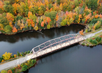 Aerial view of Old high way 510 bridge near Marquette city in Michigan upper peninsula during autumn time.