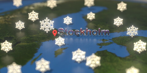 Snowy weather icons near Stockholm city on the map, weather forecast related 3D rendering