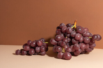 Branch of red grapes on beige background. Autumn harvest.
