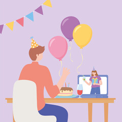 online party, man connected by internet with woman celebration with cake
