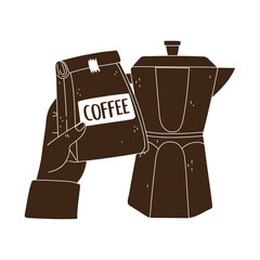 international day of coffee, hand holding package and moka pot silhouette icon style