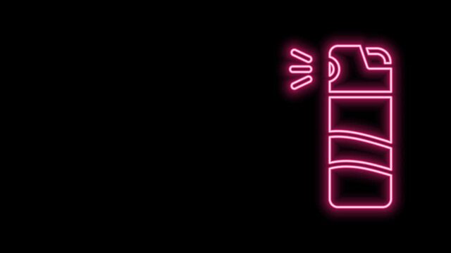 Glowing neon line Pepper spray icon isolated on black background. OC gas. Capsicum self defense aerosol. 4K Video motion graphic animation