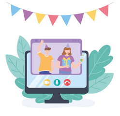 online party, couple with gift and drink celebrating in video call