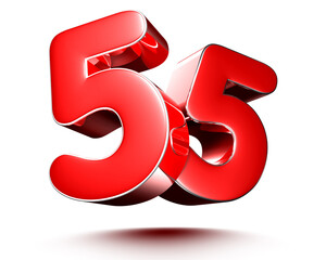 Red numbers 55 isolated on white background illustration 3D rendering.(with Clipping Path).